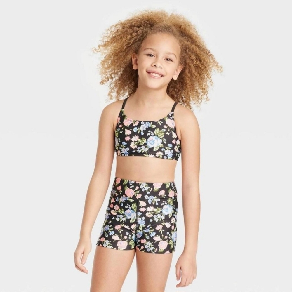 Art Class Girls' XS (4/5) Black Floral Bikini Top & Bike Shorts Swim Set